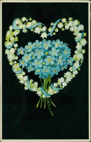 Ansichtskarte  Liebe Love Herz aus Märzenbechern und Veilchen Schwarz 1915