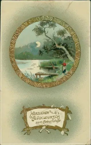 Ansichtskarte  Geburtstag Birthday Goldrahmen Mondnacht am See 1914 Gold