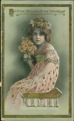 Ansichtskarte  Geburtstag Birthday Mädchen mit Kleid und Blumen 1912 Gold