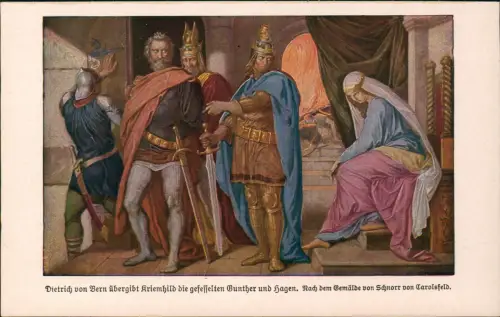 Dietrich von Bern übergibt Kriemhild  Gunther und Hagen, Nibelungensage 1920
