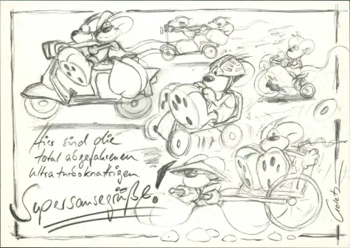 Ansichtskarte  Diddl-Maus und Freunde auf Fahrzeugen (Skizzen-Stil) 1998