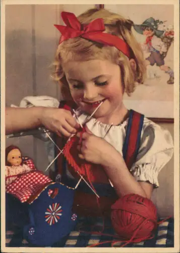 Ansichtskarte  Strickendes Mädchen Haarschleife, mit Puppe 1942
