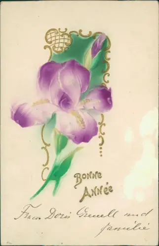Neujahr Sylvester New Year Iris Schwertlilie Gold Rocaille 1907 Prägekarte