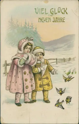 Ansichtskarte  Neujahr Sylvester New Year Kinder im Pelz füttern Vögel 1912