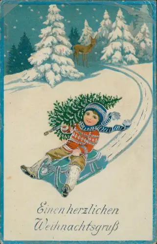 Weihnachten Christmas Junge rodelt mit Tannenbaum 1914 Silberprägung