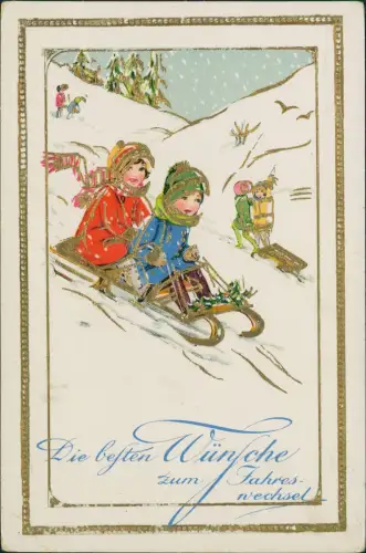Ansichtskarte  Neujahr Sylvester New Year Kinder beim rodeln 1911 Gold