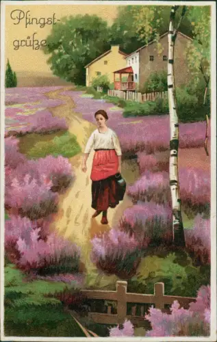 Ansichtskarte  Pfingsten Pentecost Frau auf Weg Birke Künstlerkarte 1917