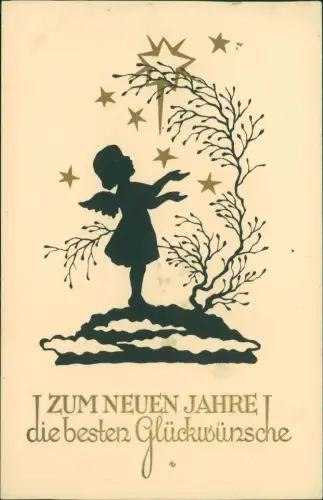 Neujahr Sylvester New Year Schattenschnitt Engel Sterne 1932 Gold-Effekt