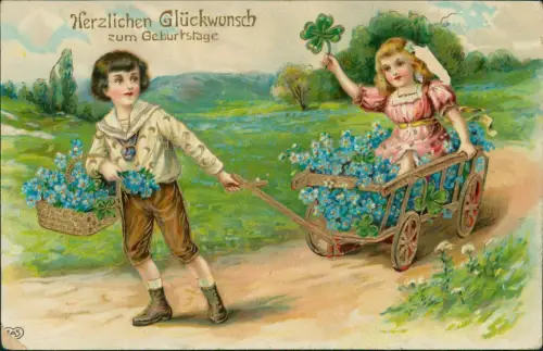 Geburtstag Birthday Junge zieht Mädchen im Wagen Veilchen 1911 Gold