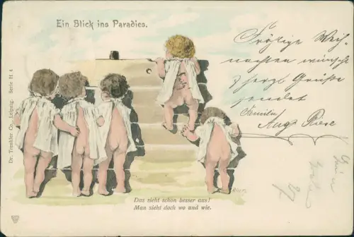 Kinder Künstlerkarte Ein Blick ins Paradies. Jungen am Zaun 1901