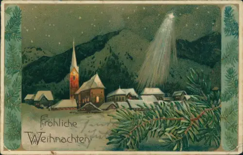 Weihnachten Christmas Stadt im Winter Stern Tannenzweige 1911 Prägekarte