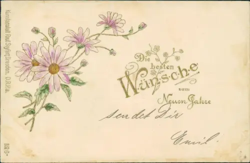 Neujahr Sylvester New Year Kamille Goldornament 1899 Prägekarte