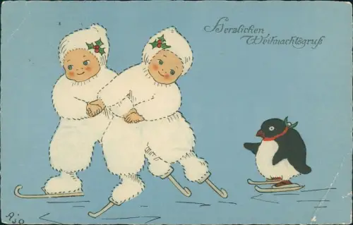 Ansichtskarte  Weihnachten Christmas Eskimos auf Schlittschuhen Pinguin 1921