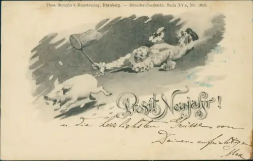 Neujahr Sylvester New Year Künstlerkarte Clown will Glücksschwein fangen 1906