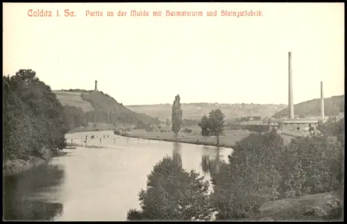 Colditz Partie an der Mulde mit Heimatsturm und Steingutfabrik. 1910