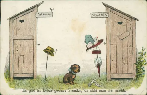 Ansichtskarte  Scherzkarte Humor Hund Dackel zwischen Toilettenhäusern 1911