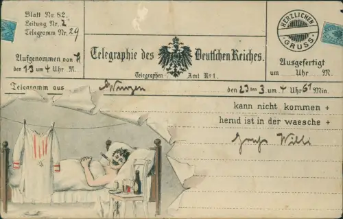 Ansichtskarte  Scherzkarte Humor Telegramm optik in der Ecke kranker Mann 1913