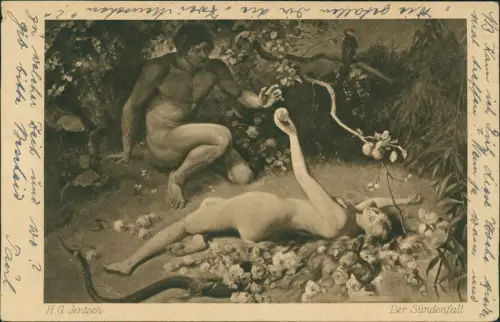 Künstlerkarte Gemälde der Engel nackte Schönheit und Mann Sündenfall 1919