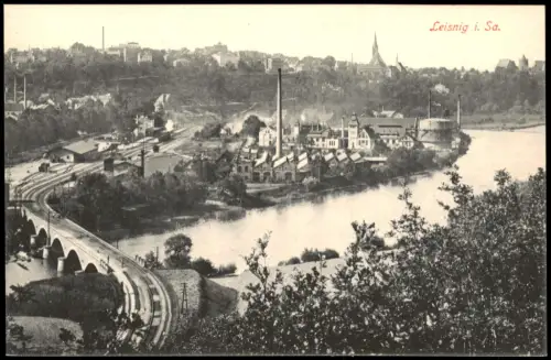 Ansichtskarte Leisnig Bahnhof, Brücke und Industrieanlagen 1915