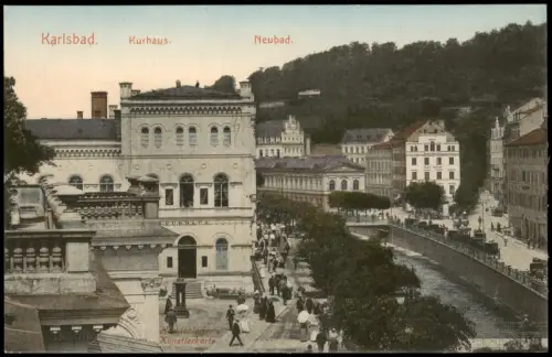 Ansichtskarte Karlsbad Kurhaus. Neubad. Handcolorierte Künstlerkarte 1909