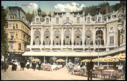 Postcard Karlsbad Karlovy Vary Straßenszene am Cafe Pupp 1912