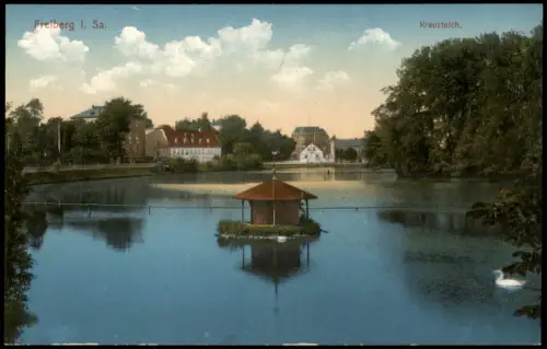 Ansichtskarte Freiberg (Sachsen) Kreuzteich, Schwanenhaus 1912