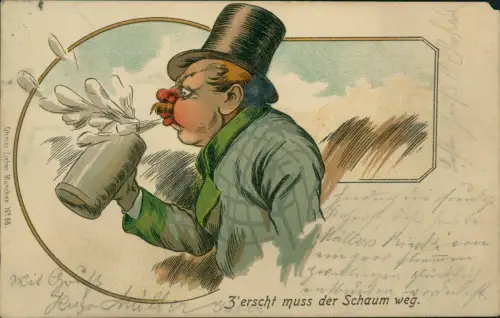 Ansichtskarte  Mann beim Bier Zylinder Z'erscht muss der Schaum weg. 1902