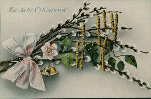 Ostern Easter Zweige Weidenkätzchen Birke Schleife 1912 Silberprägung