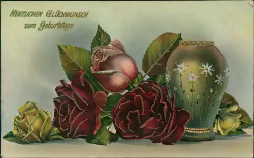 Ansichtskarte  Geburtstag Birthday goldene Vase u.a. rote Rosen 1913 Gold