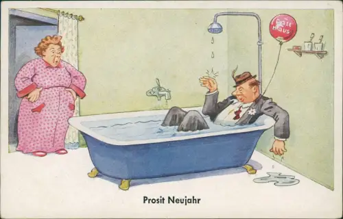 Neujahr Sylvester New Year Scherzkarte Mann betrunken in Badewanne 1928