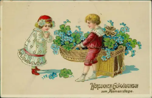 Geburtstag Birthday Mädchen bekommt Körbe voll Glücksklee und Veilchen 1913 Gold