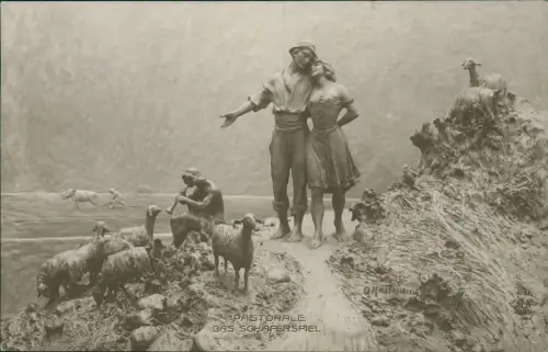 Künstlerkarte lebender Marmor Schäferspiel junger Mann u. Frau Erotik 1912