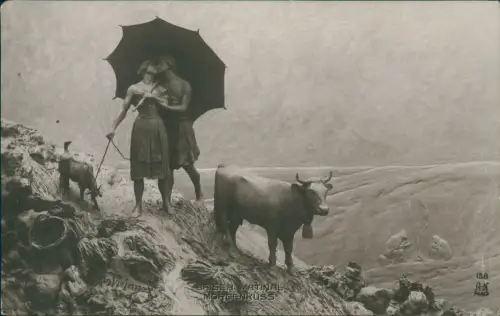 Ansichtskarte  Künstlerkarte lebender Marmor Morgenkuss Liebe Erotik 1912