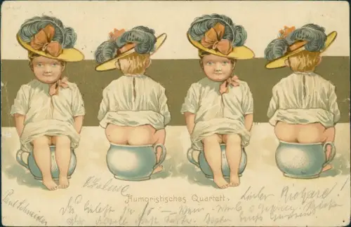 Humoristisches Quartett vier Mädchen auf Töpfchen Künstlerkarte 1901 Gold-Effekt