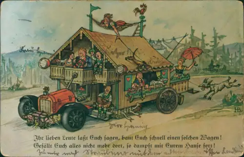 Ansichtskarte  Scherzkarte Humor Haus als Auto lustige Leute Scherzkarte 1938