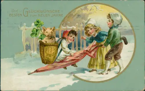Neujahr Sylvester New Year Kinder im Winter mit Glücksschein 1910 Goldprägung
