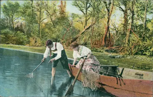 Ansichtskarte  Mann und Frau auf Boot beim fischen - Fischer / Angler 1914