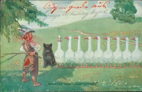 Ansichtskarte  Antreten zum Gänsemarsch! Junge Gänse Hund 1916