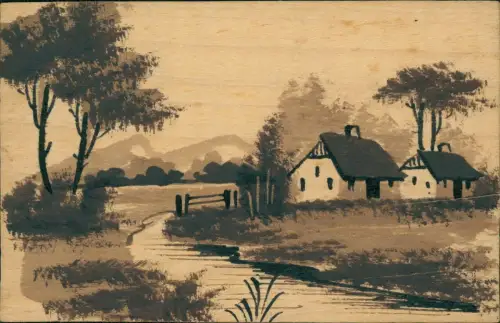 Ansichtskarte  Künstlerkarte handgefertigt auf Holz Landschaft 1928