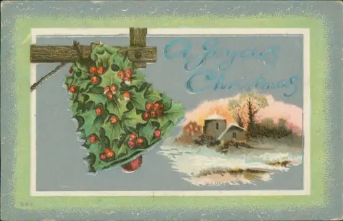 Weihnachten Christmas Landschaft Glocke aus Mistelzweigen 1912 Silber-Effekt