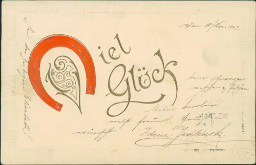 Viel Glück - rotes Hufeisen Goldornament und Schrift 1904 Goldprägung