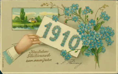 Ansichtskarte  Neujahr Sylvester New Year Zahl aus Veilchen Landschaft 1910
