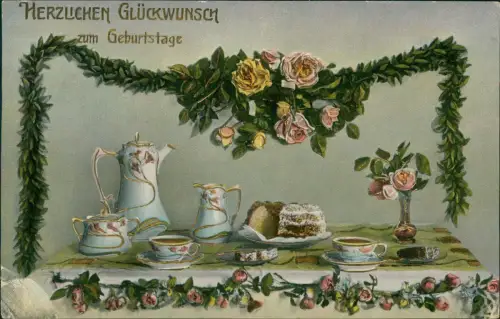 Geburtstag Birthday gedeckter Tisch edles Sevice Girlanden 1913 Gold