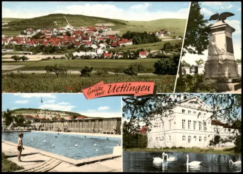 Uettingen (Lk Würzburg) Mehrbild-AK mit Freibad, Ehrenmal Denkmal, Panorama 1960