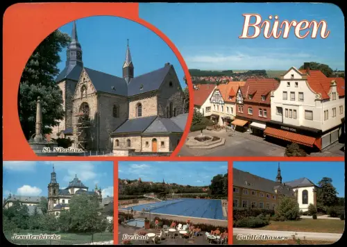 Büren (Westfalen) Mehrbildkarte 5  Jesuitenkirche, Freibad, Gut Holthausen 1990