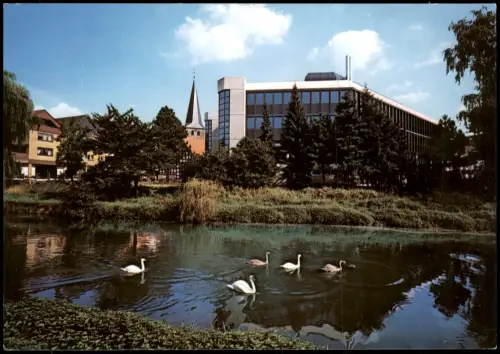 Ansichtskarte Bünde Partie an der Else mit neuem Rathaus, Schwäne 1980