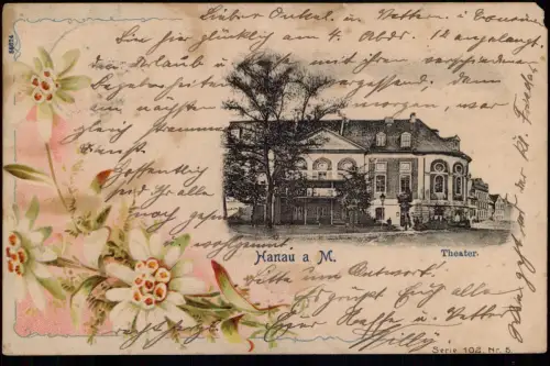 Ansichtskarte Hanau Straßenpartie am Theater - Blumenornament 1904