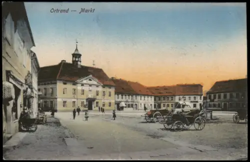 Ansichtskarte Ortrand Marktplatz, Kutschen coloriert 1912