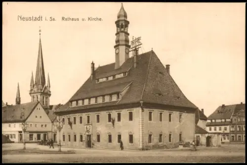 Ansichtskarte Neustadt (Sachsen) Rathaus u. Kirche. 1912