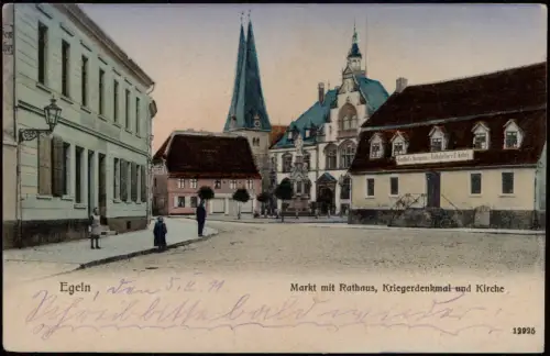 Ansichtskarte Egeln Markt Kriegerdenkmal Gasthof u. Ratskeller 1913
